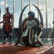 (L-R): Dorothy Steel as Merchant Tribe Elder, Florence Kasumba as Ayo, Angela Bassett as Ramonda, Danai Gurira as Okoye in Marvel Studios’ Black Panther: Wakanda Forever.